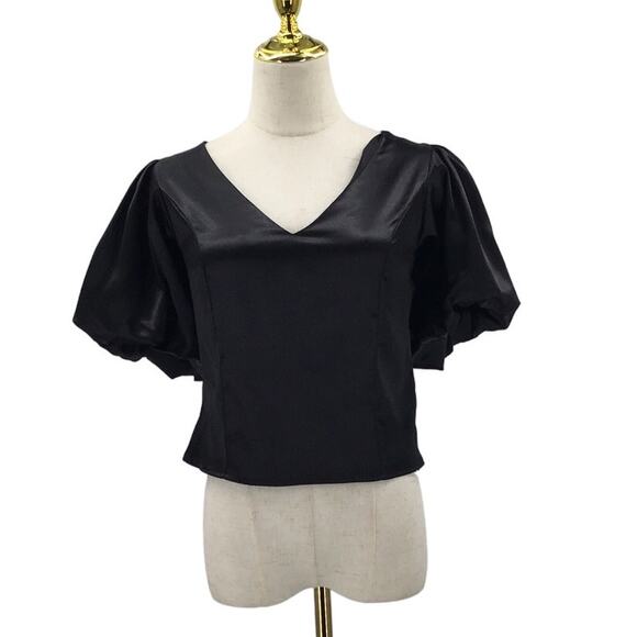 MILK & HONEY M L Black Satin Puff Sleeves V-Neck Lace up Blouse Crop Top NWT B80 - Picture 1 of 6